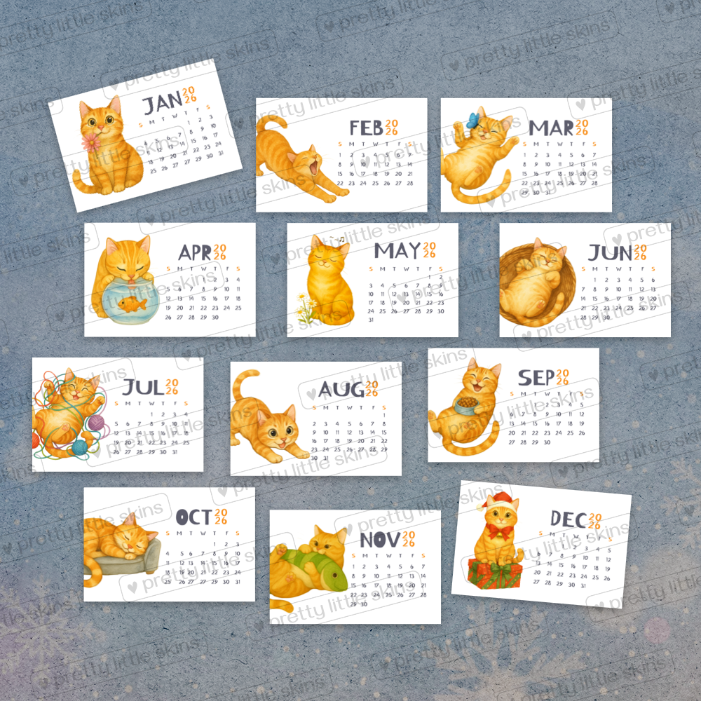 2026 Mini Cat Calendar – Pocket-Size Monthly Art Cards (Set of 12)