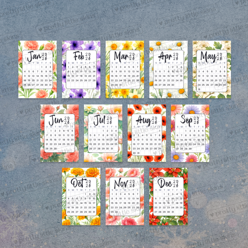 2026 Mini Floral Calendar – Pocket-Size Monthly Art Cards (Set of 12)