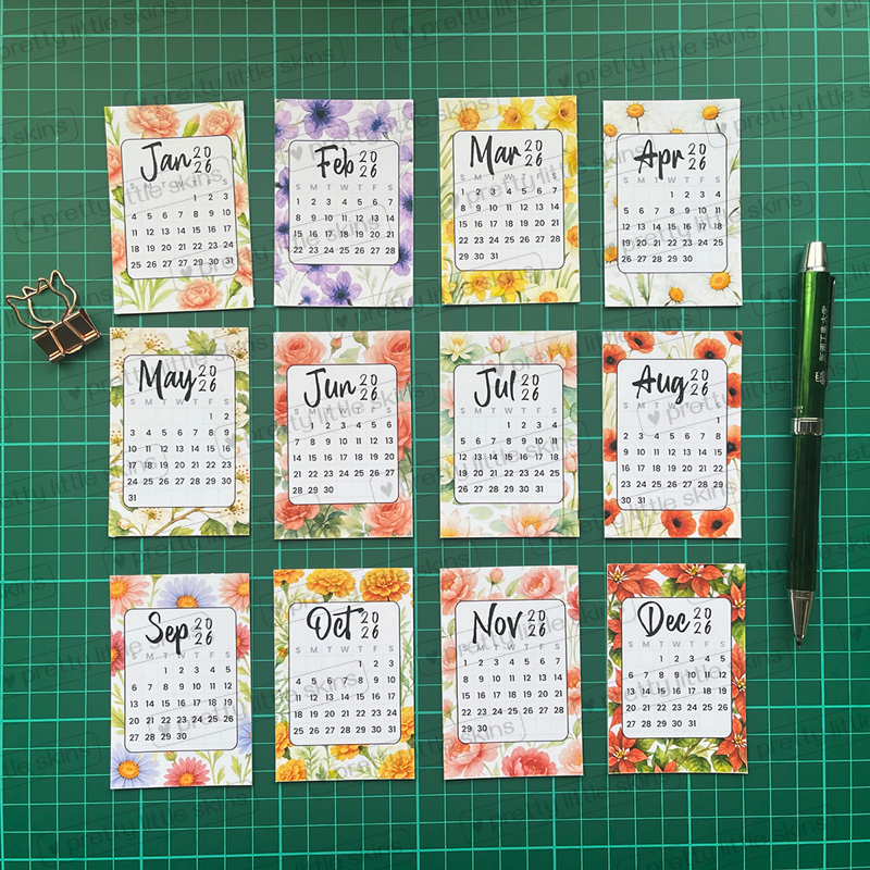 2026 Mini Floral Calendar – Pocket-Size Monthly Art Cards (Set of 12)