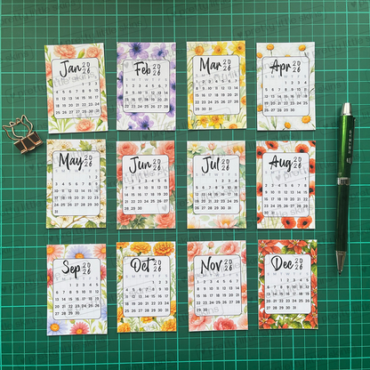 2026 Mini Floral Calendar – Pocket-Size Monthly Art Cards (Set of 12)